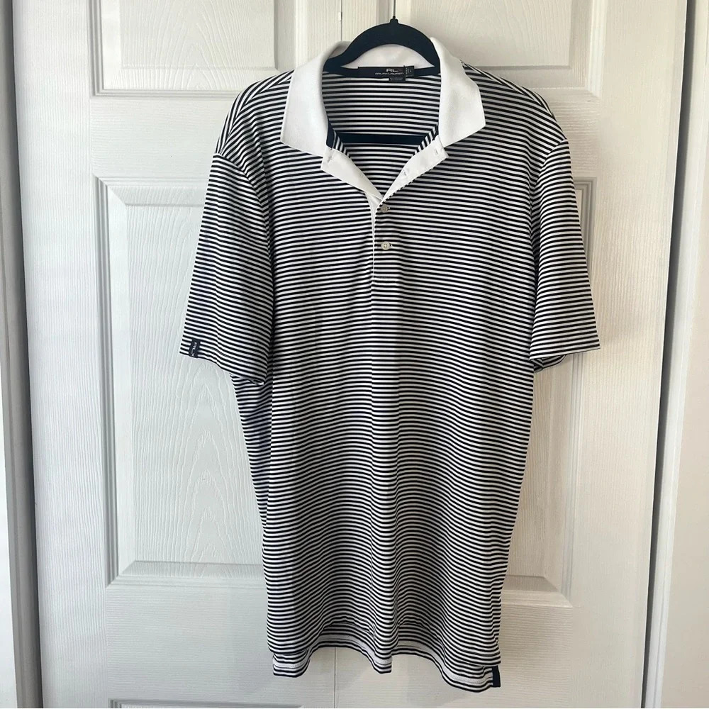 RLX Ralph Lauren Polo Shirt Mens L Black White Striped Stretch